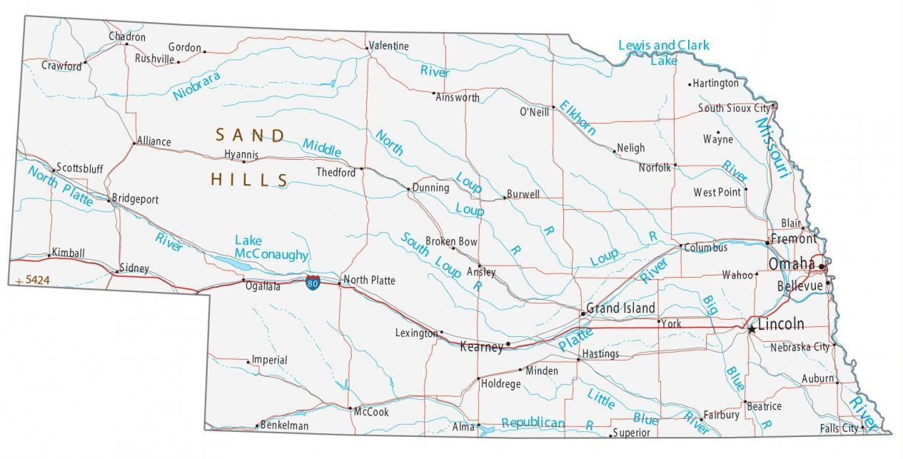 Mapa de Nebraska - Ciudades y carreteras
