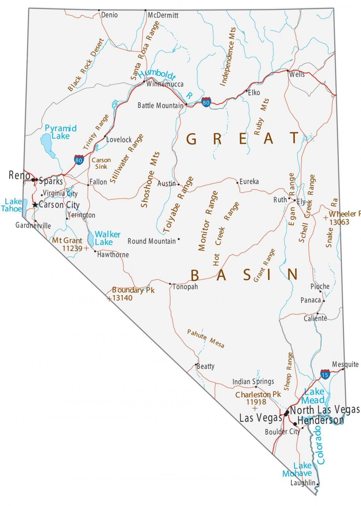Mapa de Nevada - Ciudades y carreteras