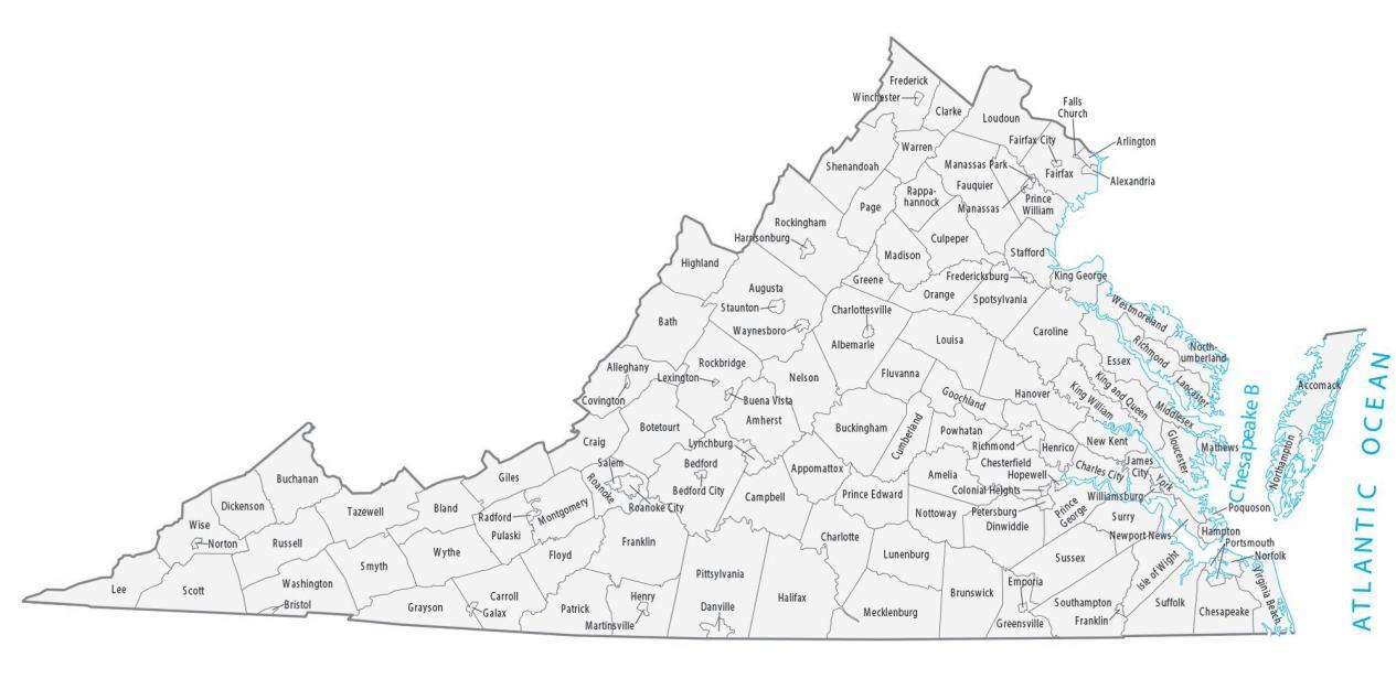 Mapa del condado de Virginia y ciudades independientes