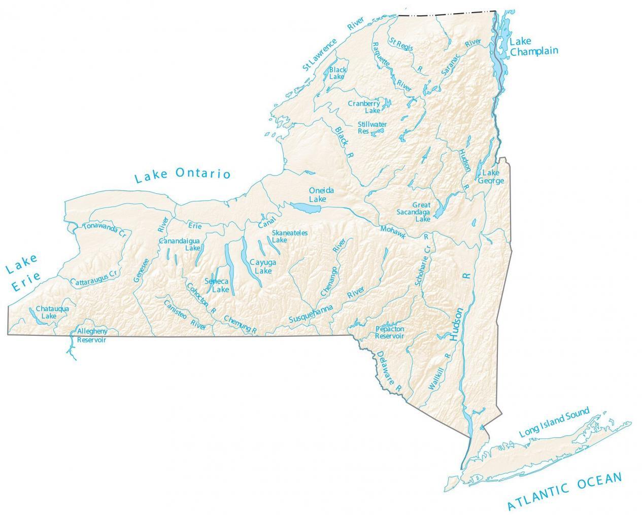 Mapa de los lagos y ríos de Nueva York