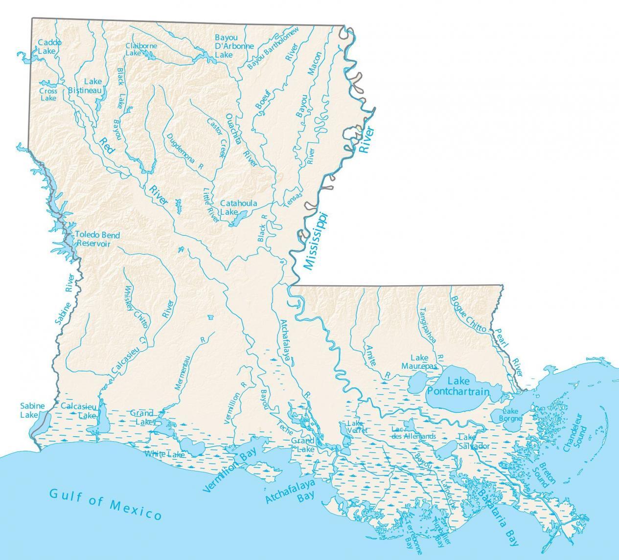 Mapa de los lagos y ríos de Louisiana