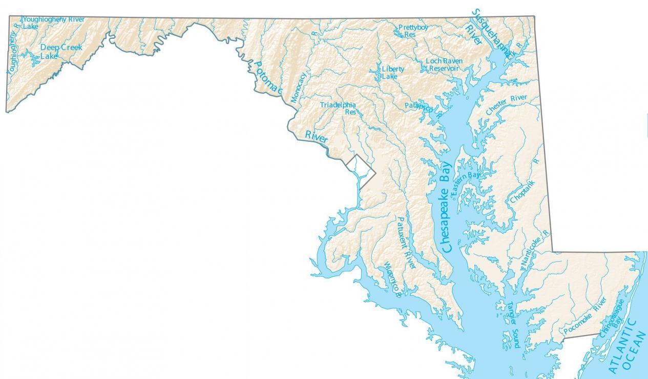 Mapa de los lagos y ríos de Maryland