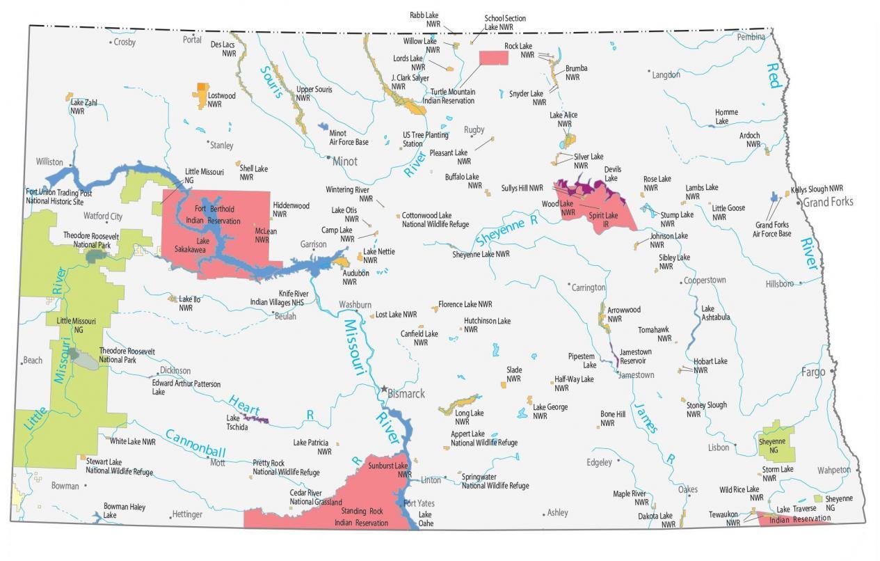Mapa del estado de Dakota del Norte: lugares y puntos de referencia