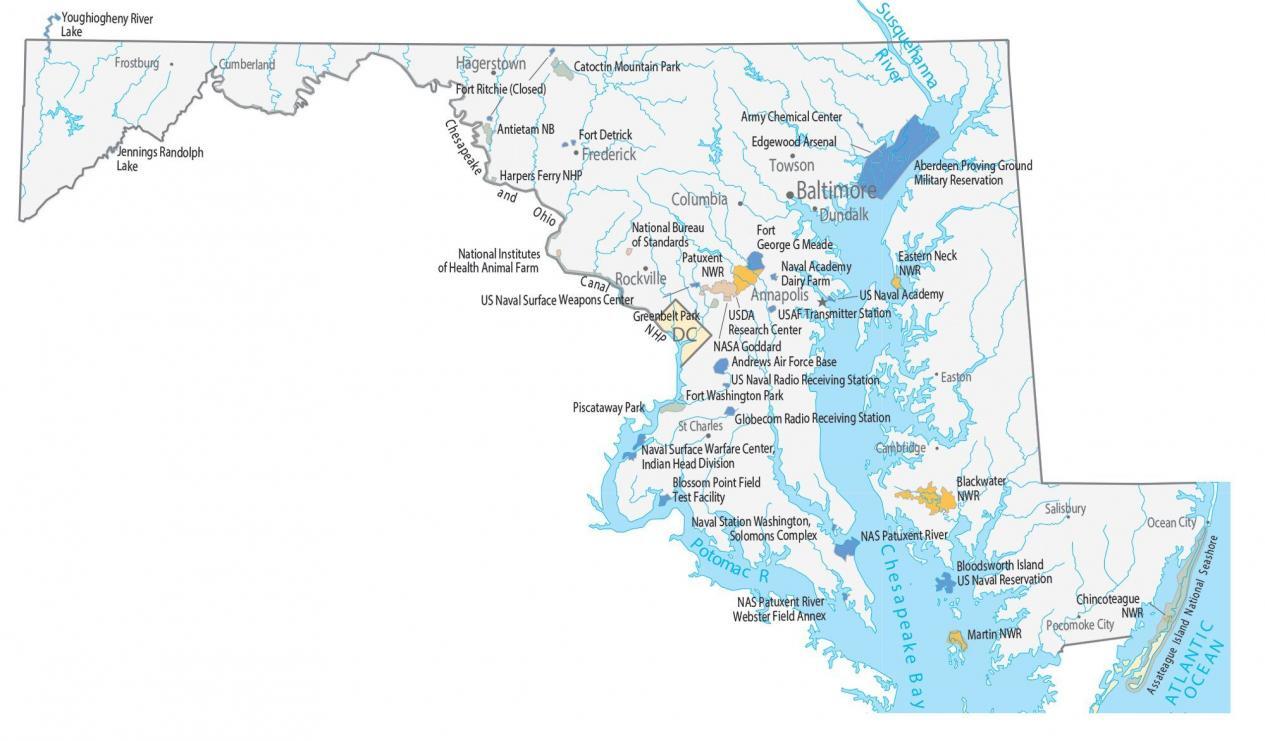 Mapa estatal de Maryland - Lugares y puntos de referencia